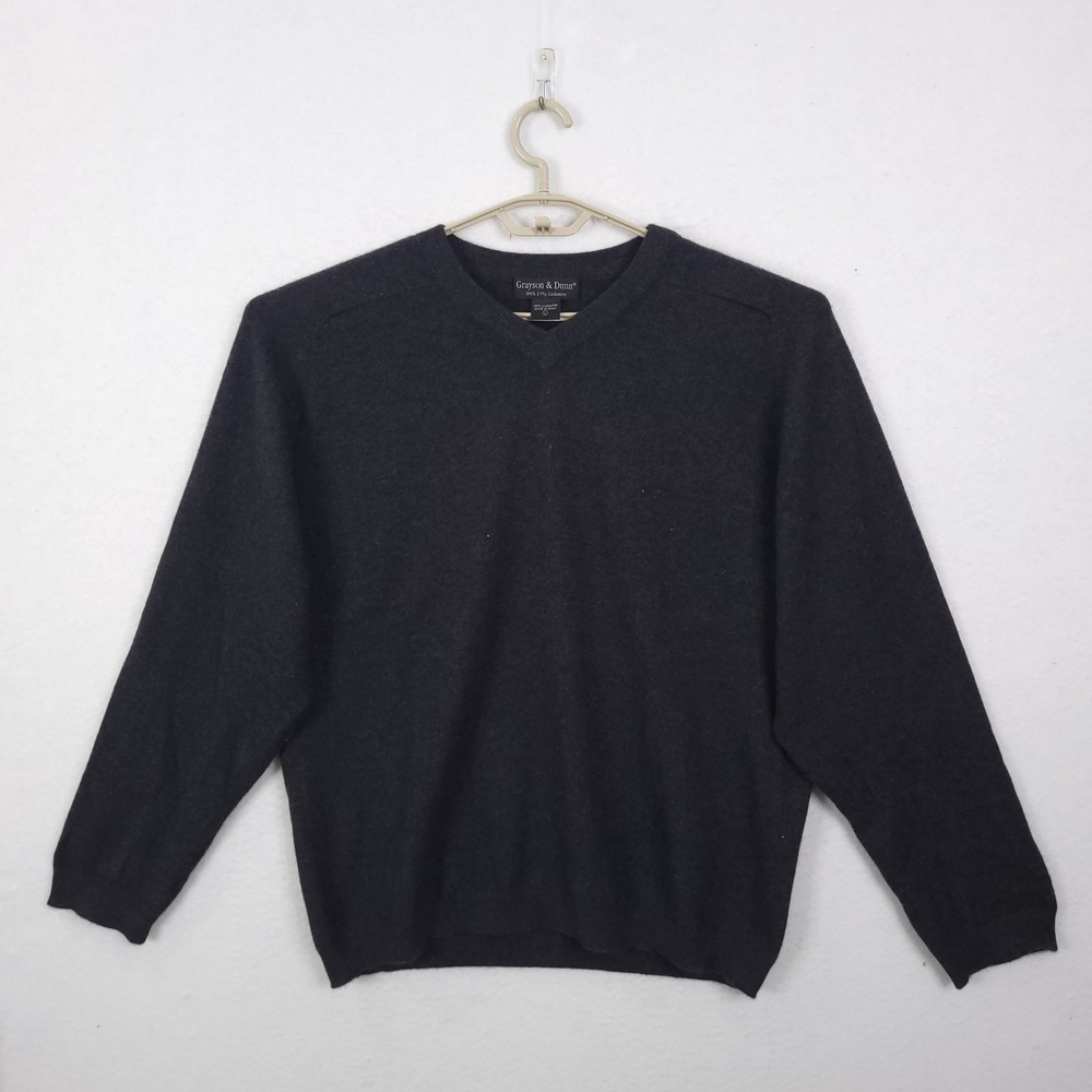 Grayson & Dunn Cashmere Sweater Mens L Charcoal Grey 100% 2 Ply V-Neck Knit